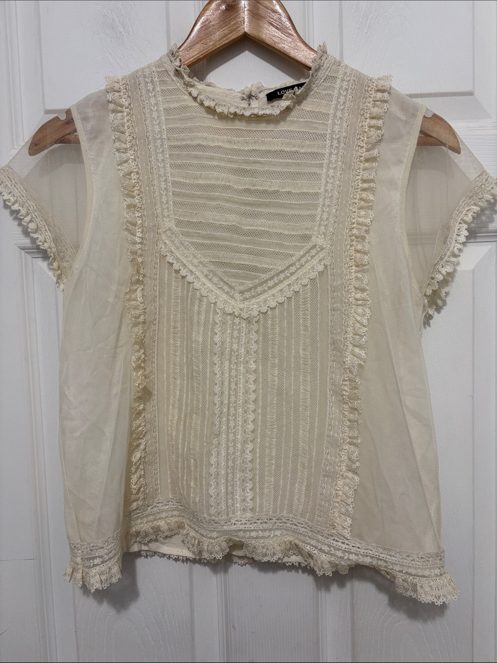 Love Sam Cream Lace-Trim Sheer Top